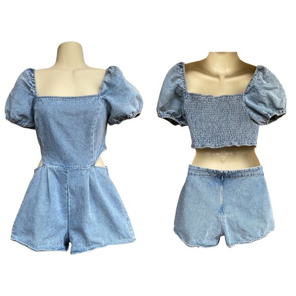 Altar'd State size Small S square neck puff sleeve cut out waist Denim Romper - Picture 1 of 12